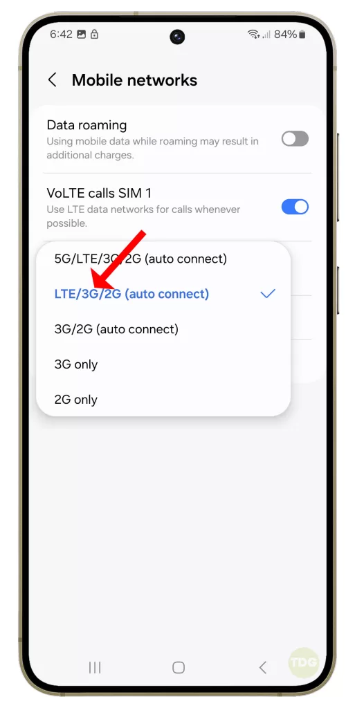 Tap LTE/3G/2G (auto connect).