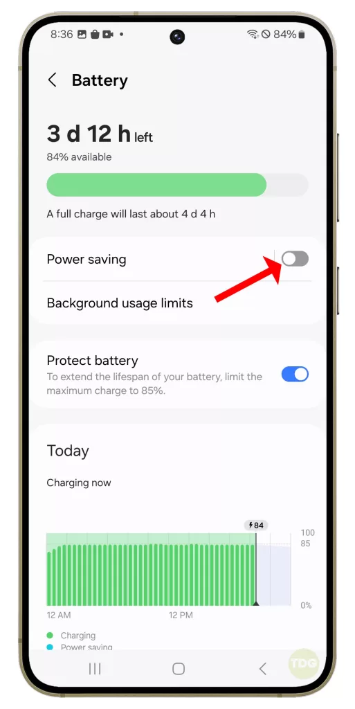 Toggle off the switch for Power saving mode.