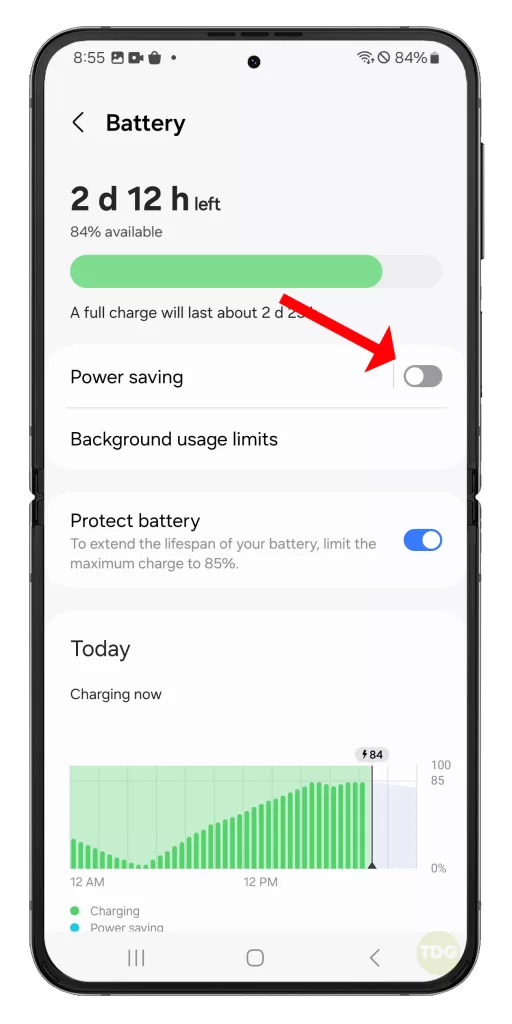 Tap the switch next to Power saving to disable it.