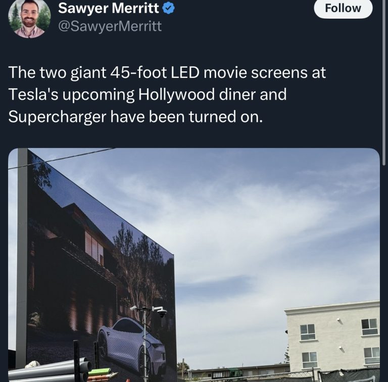 Tesla’s Hollywood Diner Turns On Massive 45-Foot LED Screens Ahead of Launch